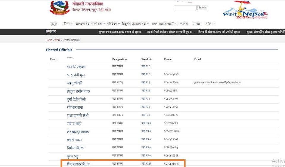 गोदावरी नगरपालिकाको वेबसाईटमा जनप्रतिनिधिको पद मै त्रुटी